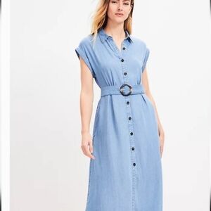 LOFT Women Chambray Midi Pocket Shirtdress Size 4